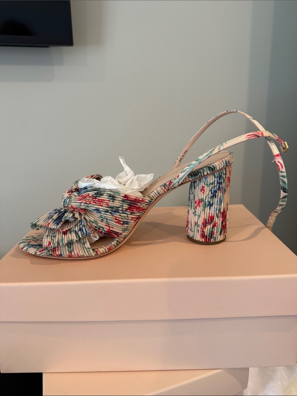 Like New Loeffler Randall Floral Pleated Slingback Block Heel Sandal size 10